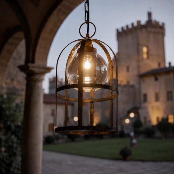 TITTYOUT Sospensione a Lanterna con Gabbia 32 cm in Ottone Anticato – Lampada Rustica Elegante per Porticati e Casali – Made in Italy