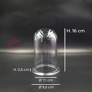Op de afbeelding: Glazen cloche van helder glas met een ronde basis en een gewelfde bovenkant. De cloche is 16 cm hoog en heeft een diameter van 9,5 cm aan de basis. H. 0,5 cm | Ø 7,1 cm | Ø 9,5 cm | H. 16 cm