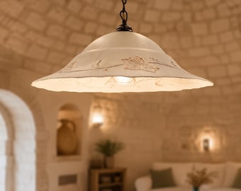 AUTUNNO Rustic Country Pendant Light with Decorated Glass Shade – Vintage Farmhouse Chandelier – Romantic Italian Ceiling Light