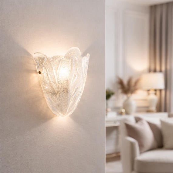 BUCINTORO Applique da Parete in Vetro di Murano – Lampada da Muro Classica con Decoro Foglia – Illuminazione Artigianale Made in Italy