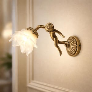 CHERUBINI Wall Sconce with Cherub in Satin Bronze – Classic Art Nouveau Style – White Glass Shade – Handmade in Italy