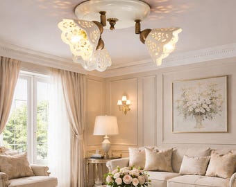 VOLTERRA Brass & White Ceramic Ceiling Light 3-Light, Vintage Rustic Ceiling Lamp, Farmhouse Country Style Lighting, Made in Italy
