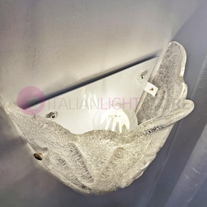 May include: A clear, textured glass wall sconce with a seashell design. The sconce is mounted on a white metal plate and holds a light bulb. The text "ITALIANLIGHT" is visible.