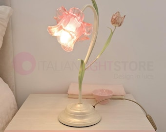 NINFEA Romantic Floral Table Lamp – Handcrafted in Italy – Shabby Chic Bedside Light with Glass Flower Shade
