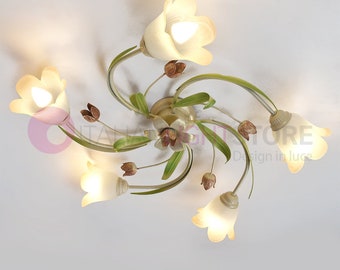 FLORA Plafoniera Lampadario da Soffitto a 5 Luci in Ferro Decorato e Vetri Ambra Stile Floreale Classico Rustico Illuminazione Made in Italy