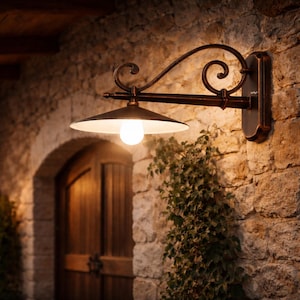 Pode incluir: Luminária de parede exterior com acabamento em bronze. A lâmpada tem um braço curvo e uma cúpula circular com interior branco. Montada numa parede de pedra, com uma porta de madeira ao fundo. Design clássico e decorativo.