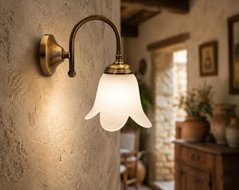 CIMOSA Brass Wall Sconce with White Alabaster Glass Flower Shade – Rustic Country Vintage Wall Light – Made in Italy Bathroom Lighting