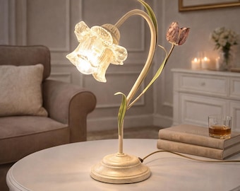 NINFEA Romantic Floral Table Lamp – Handcrafted in Italy – Shabby Chic Bedside Light with Glass Flower Shade