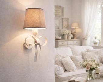 FIOCCO Shabby Chic White Wall Light with Dove Grey PVC Lampshade - Country Style - Made in Italy