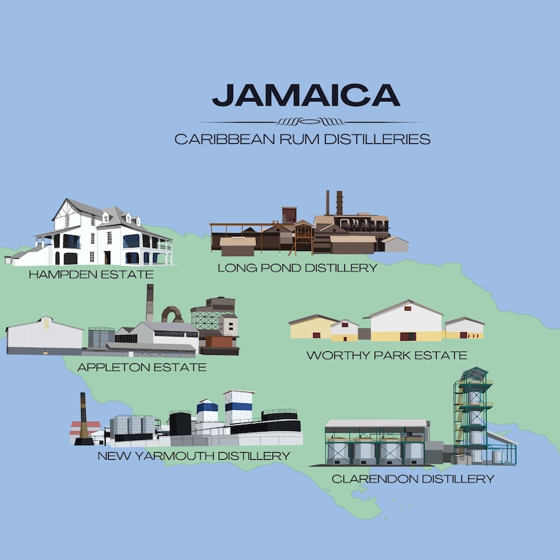 Jamaica Rum Distilleries Poster Caribbean Gifts Rum Map Etsy