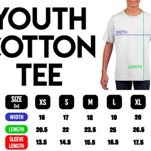 May include: White youth cotton tee shirt with size chart. The chart shows measurements for width, length, and sleeve length in inches for sizes XS to XL. The shirt is displayed on a person.