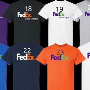 May include: A collection of t-shirts in various colors, each featuring the FedEx logo and the words "Global Logistics." The shirts are numbered 17 through 24, with the FedEx logo in different color combinations.