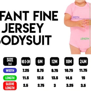 May include: Pink infant fine jersey bodysuit with size chart. The chart shows width, length, and sleeve length measurements in inches for sizes NB 0-3M, 6M, 12M, 18M, and 24M. The bodysuit has short sleeves.