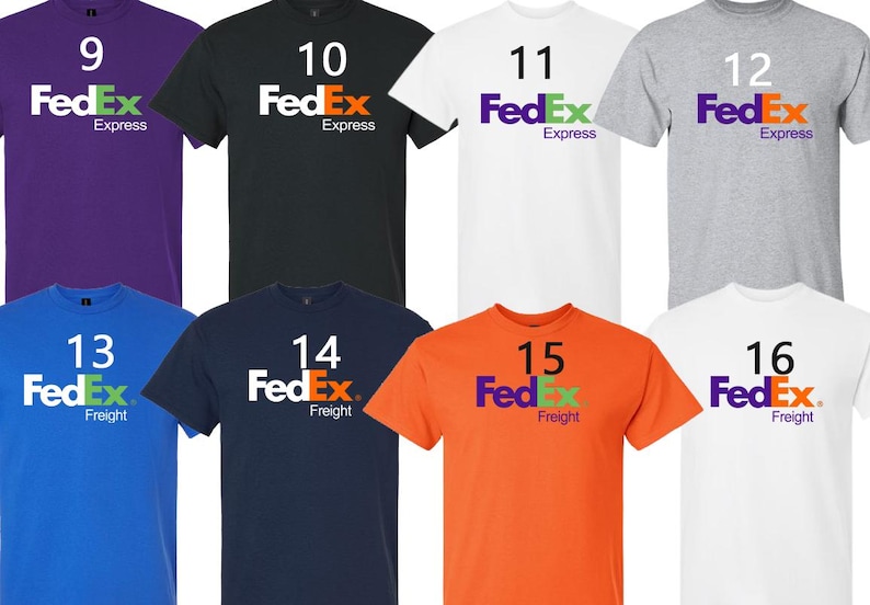May include: A collection of eight t-shirts in various colors, each featuring the FedEx logo and a number. The shirts include purple, black, white, gray, blue, navy, orange, and white. The logos vary between "Express" and "Freight".