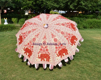 Indian Handmade White Red Umbrella Patio Parasols, 72" Beautiful Kashmiri Embroidery Umbrella Outdoor Patio Beach Umbrellas