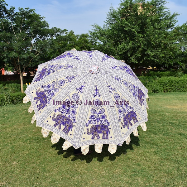 Indian Handmade Decorative White Purple Elephant Garden Umbrella, Hippie Outdoor Beach Sun Shade Patio Parasol 72"