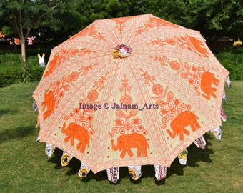 Hippie White Yellow Orange Elephant Embroidered Garden Umbrella, Indian Handmade Centrepiece Wedding Umbrella, Beach Sun Shade Patio Parasol