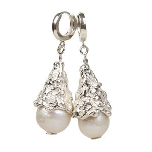 Silver Baroque Pearl Earrings | Handmade 925 Sterling Silver Statement Drop Earrings | Organic White Textured Pearl Jewelry Gift for her