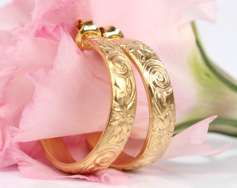 24K gold plated flower hoop earrings, Vintage style factured Sterling silver big circle studs, Floral unique Jewelry for Valentine's Day
