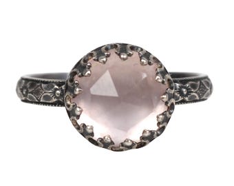 Vintage Sterling Silver Rose Quartz Ring, Floral Ornament