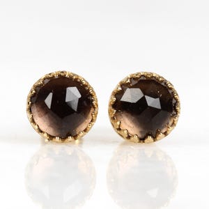 Pendientes de cuarzo ahumado dorado de estilo vintage, pendientes redondos chapados en oro con piedra marrón, joyas de adorno para mujer para regalo de Navidad