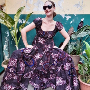African Wax Cloth Empire Waist Puff Sleeve Dress, Juliet Maxi Dress Cut to Order
