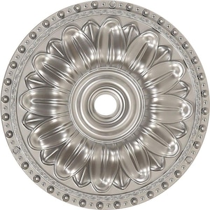 May include: A circular ceiling medallion with a metallic silver finish, featuring a central hole surrounded by a radial pattern of sculpted, petal-like shapes. The outer edge is decorated with a border of small spheres and intricate scrollwork.