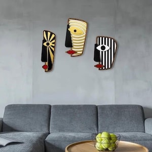 African Mask 3 pieces Mask Sets Combo Wall Decor Wooden  Modern Abstract Wooden Wall  Geometric Face Art Handmade Home Decor Combined Masks