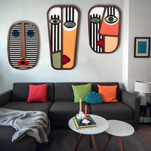 African Mask 3 pieces Mask Sets Combo Wall Decor Wooden  Modern Abstract Wooden Wall  Geometric Face Art Handmade Home Decor Combined Masks