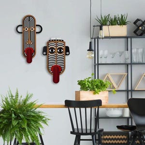 African Mask 2 pieces Mask Sets Combo Wall Decor Wooden  Modern Abstract Wooden Wall  Geometric Face Art Handmade Home Decor Combined Masks