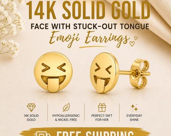 Silly Face Emoji Earrings, 14K Solid Gold Tongue Out Studs, Cute Smiley Earrings, Minimalist Dainty Gold Jewelry, Trendy Gift for Her