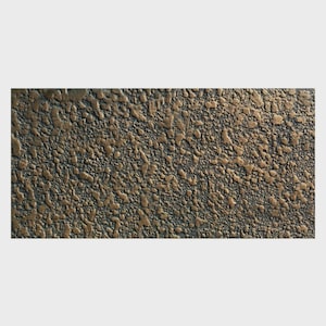 Op de afbeelding: Een rechthoekig paneel met een zwaar getextureerd oppervlak met een metallic bronzen afwerking. Het materiaal vertoont een onregelmatig, verhoogd patroon van pieken en dalen, wat een robuust, driedimensionaal uiterlijk over het gehele oppervlak creëert.