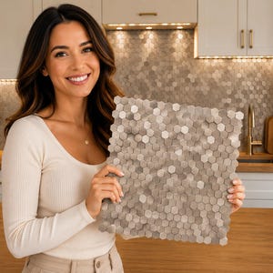 Puede incluir: Una lámina de azulejos cuadrada con un patrón repetitivo de pequeñas piezas hexagonales de color plata metálico. Cada hexágono tiene un acabado cepillado y están dispuestos en una rejilla de panal densa y entrelazada, creando una superficie texturizada.