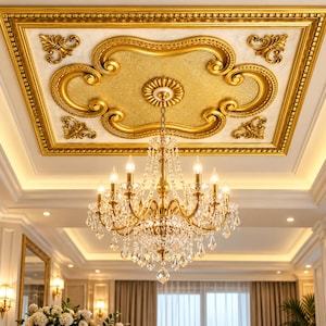 May include: A multi-tiered gold chandelier with clear crystal teardrop prisms suspended from a rectangular ceiling medallion featuring ornate gold scrollwork and a central circular rosette against a textured cream-colored background.