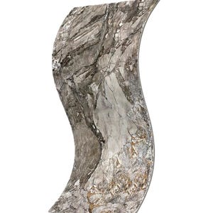 May include: A vertical, S-shaped decorative panel featuring a detailed, high-resolution print of natural grey and brown marble stone. The surface displays intricate veining, jagged cracks, and varied mineral textures in shades of charcoal, slate, and beige.