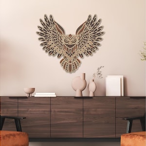 Owl Wall Art Wooden Decor | Handmade 3D Layered Wood Wall Hanging | Boho Animal Spirit Decor for Living Room & Officen Large Wall Decor