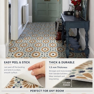 May include: Peel and stick vinyl tiles measuring 11.8 inches by 11.8 inches with a 1.5 mm thickness. The tiles feature a repeating geometric pattern in shades of blue, white, and brown. This set of 4 tiles is water resistant and adhesive.