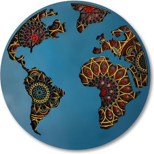 Art mural carte du monde coloré | Décoration de carte en bois en couches 3D | Suspension murale faite main de style mandala pour la maison et le bureau
