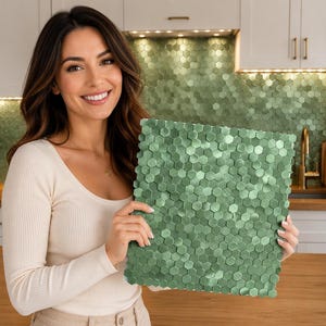 May include: A square tile sheet featuring a repeating pattern of small, metallic sage green hexagonal tiles. The individual hexagons have a textured, reflective surface that creates a subtle shimmer, arranged in a dense, interlocking honeycomb grid.