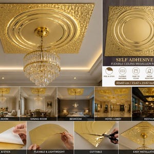 May include: A square, self-adhesive, flexible ceiling medallion panel with a reflective gold mirror finish and a concentric circular design. The panel measures 60 x 60 cm and features a textured border surrounding the central rings.