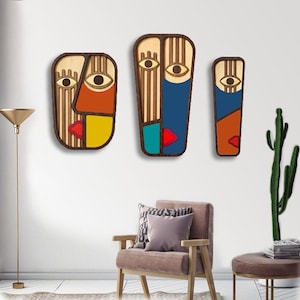 African Mask 3 pieces Mask Sets Combo Wall Decor Wooden  Modern Abstract Wooden Wall  Geometric Face Art Handmade Home Decor Combined Masks