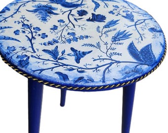 Handmade Painted Coffee Table: Blue Floral Bird Design, Rustic Accent Table