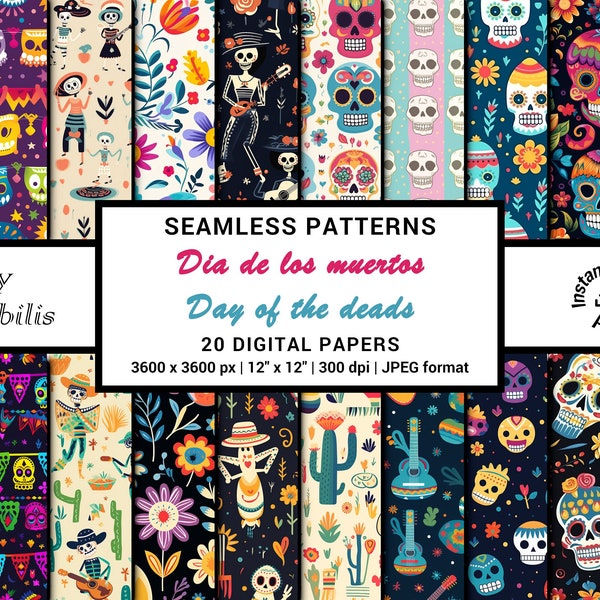 Day of the Deads Digital Paper, Dia de los Muertos seamless pattern, Sugar Skull, Mexico, Halloween, Scrapbook, Wallpaper background