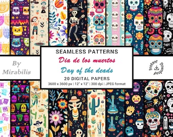Papel Dia de los Muertos Seamless Pattern | Digital Paper with Sugar Skull Patterns for Scrapbooking and Wallpaper