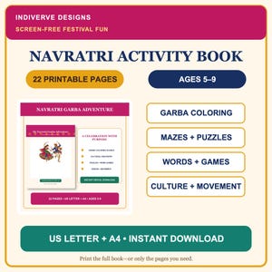 Navratri Activity Book for Kids Ages 5-9 | 22 Printable Garba Coloring, Maze & Festival Games PDF