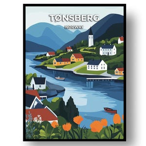 May include: A framed art print featuring a stylized landscape of Tønsberg, Norway. The artwork depicts a coastal town with white buildings, orange rooftops, and a church steeple, set against a backdrop of blue mountains and water. The text "Tønsberg Norway" is at the top.