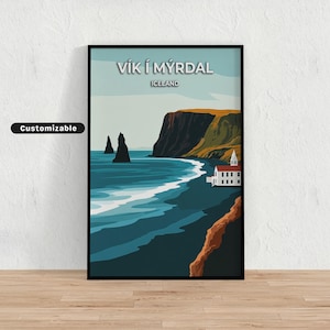 Vík í Mýrdal, Cartel de viaje de Islandia, Vík í Mýrdal, Cartel de viaje de Islandia, Cartel personalizado, Arte de pared de cartel, Arte de viaje, Descarga digital