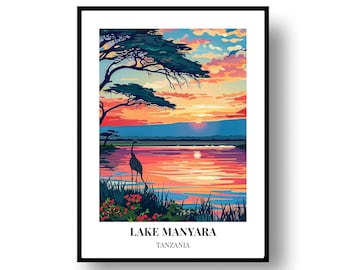 Póster de viaje del lago Manyara: arte mural del paisaje de Tanzania