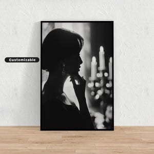 Backlit silhouette of a woman changing earrings in candlelight, Black and White Wall Art, Glamour Poster, Vintage Photography Print