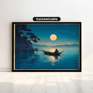Traditional woodblock of fisherman near moonlit bay | Japanese Wall Art Print | Zen Asian Decor
